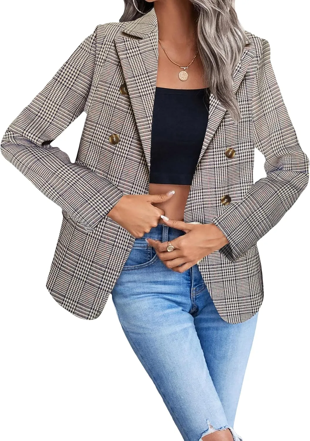 2025 Women's Spring Tweed Blazer Jacket Plaid Fully-Lined Fashion Business Casual Lapel Elegant Coat with Pockets