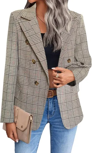 2025 Women's Spring Tweed Blazer Jacket Plaid Fully-Lined Fashion Business Casual Lapel Elegant Coat with Pockets
