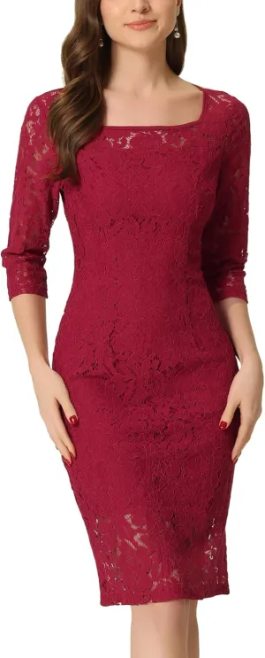 Allegra K Lace Dress for Women's Elegant 3/4 Sleeve Square Neck Bodycon Cocktail Dresses