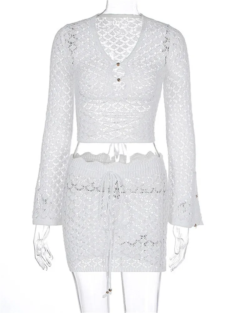 Amozae Fashion Knit Hollow Out 2 Piece-Set Skirt For Women Bandage See-Through Slim Patchwork Pullover Female Mini Skirt Outfits