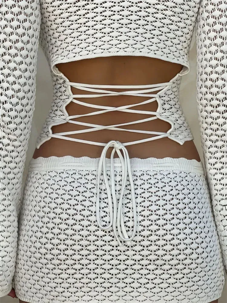 Amozae Fashion Knit Hollow Out 2 Piece-Set Skirt For Women Bandage See-Through Slim Patchwork Pullover Female Mini Skirt Outfits