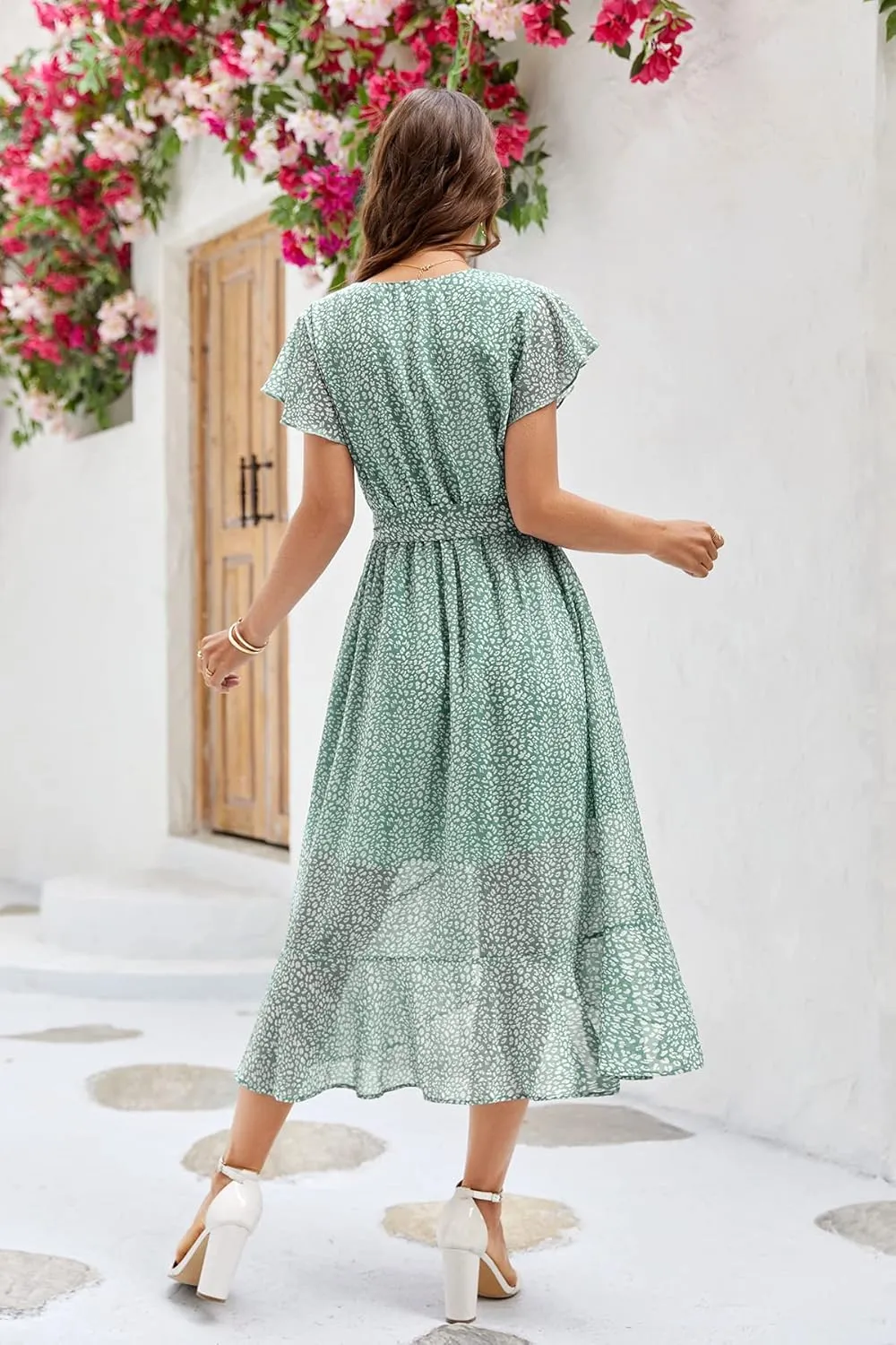 Aoysky Women's Bohemian Floral Printed Short Sleeve Summer Dress Wrap V Neck Beach Flowy Ruffle Hem Midi Dresses