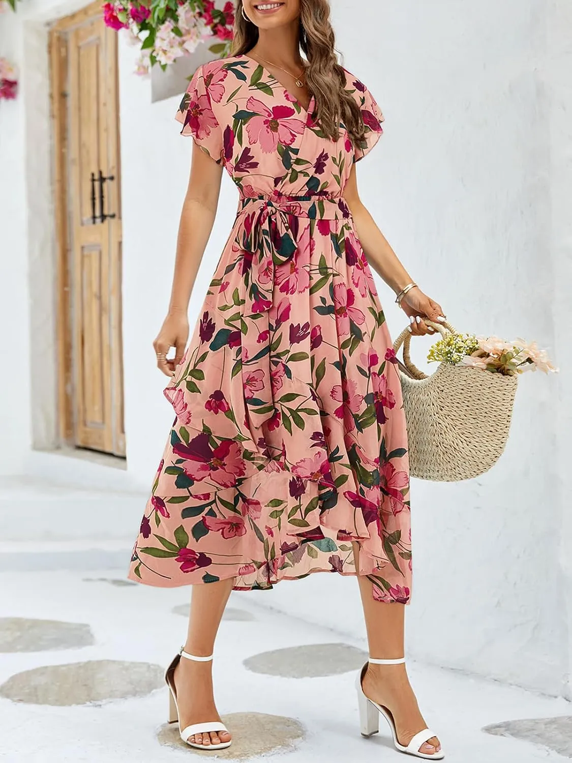 Aoysky Women's Bohemian Floral Printed Short Sleeve Summer Dress Wrap V Neck Beach Flowy Ruffle Hem Midi Dresses