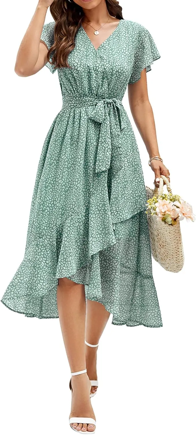 Aoysky Women's Bohemian Floral Printed Short Sleeve Summer Dress Wrap V Neck Beach Flowy Ruffle Hem Midi Dresses