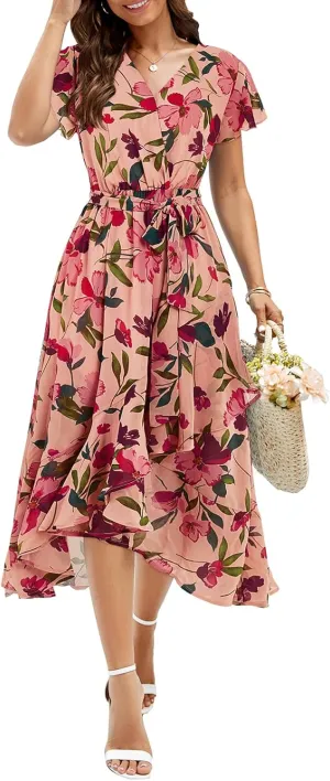 Aoysky Women's Bohemian Floral Printed Short Sleeve Summer Dress Wrap V Neck Beach Flowy Ruffle Hem Midi Dresses