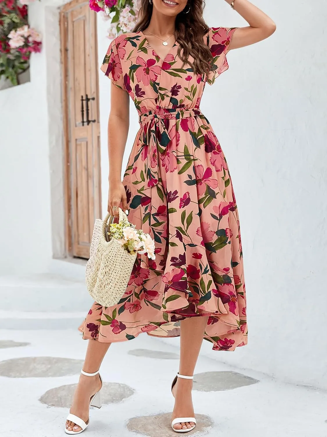 Aoysky Women's Bohemian Floral Printed Short Sleeve Summer Dress Wrap V Neck Beach Flowy Ruffle Hem Midi Dresses