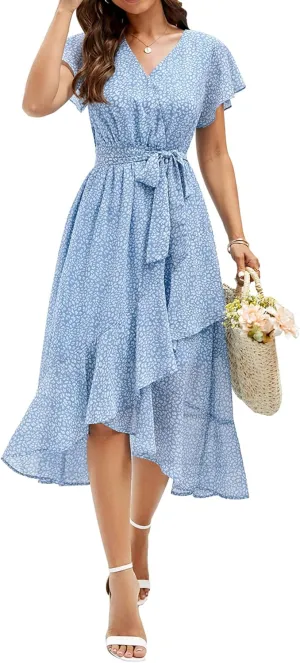 Aoysky Women's Bohemian Floral Printed Short Sleeve Summer Dress Wrap V Neck Beach Flowy Ruffle Hem Midi Dresses