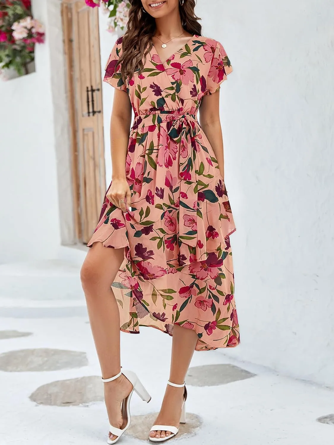 Aoysky Women's Bohemian Floral Printed Short Sleeve Summer Dress Wrap V Neck Beach Flowy Ruffle Hem Midi Dresses