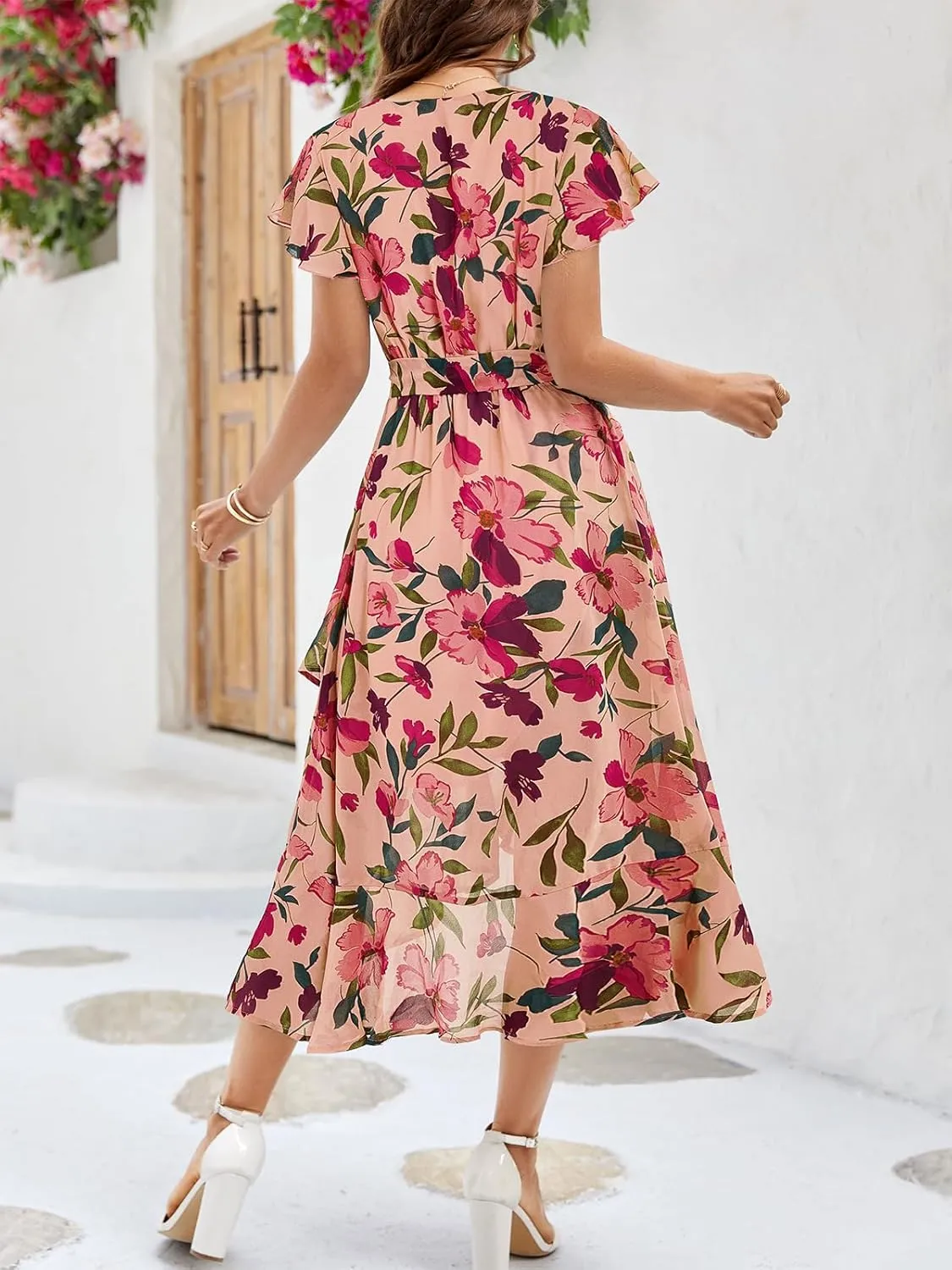 Aoysky Women's Bohemian Floral Printed Short Sleeve Summer Dress Wrap V Neck Beach Flowy Ruffle Hem Midi Dresses