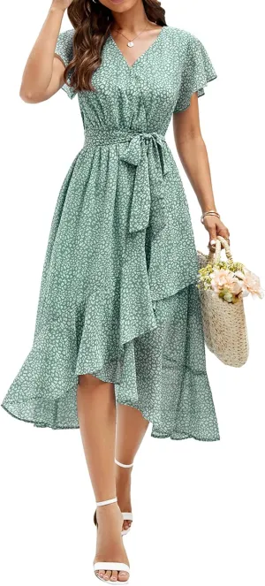 Aoysky Women's Bohemian Floral Printed Short Sleeve Summer Dress Wrap V Neck Beach Flowy Ruffle Hem Midi Dresses