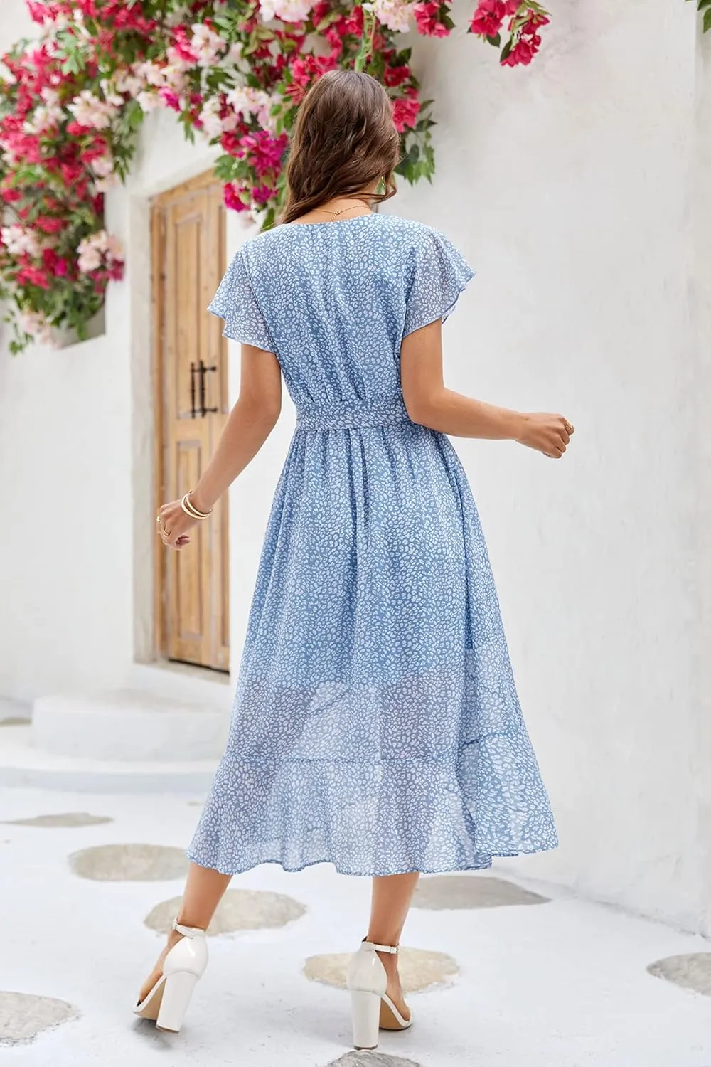 Aoysky Women's Bohemian Floral Printed Short Sleeve Summer Dress Wrap V Neck Beach Flowy Ruffle Hem Midi Dresses