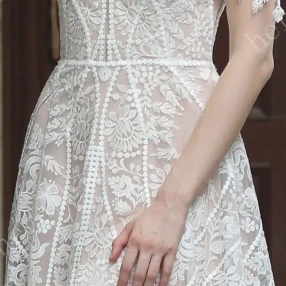 Beach Bohemian Lace Wedding Dress with Plunging V-Neckline