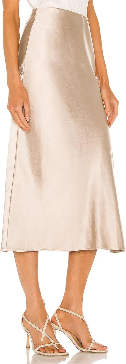 BOMAROLAN Women's Satin Midi Skirt High Waist Solid Silky Skirts for Women Elasticized Waistband A-Line Slit Midi Skirts