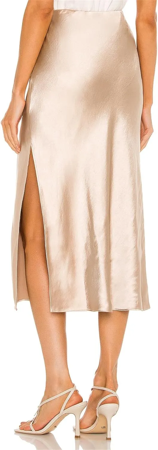 BOMAROLAN Women's Satin Midi Skirt High Waist Solid Silky Skirts for Women Elasticized Waistband A-Line Slit Midi Skirts