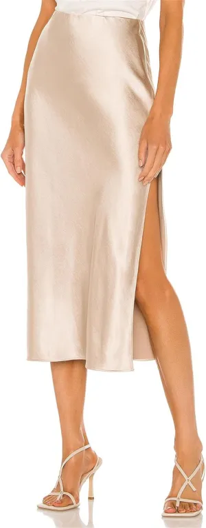 BOMAROLAN Women's Satin Midi Skirt High Waist Solid Silky Skirts for Women Elasticized Waistband A-Line Slit Midi Skirts