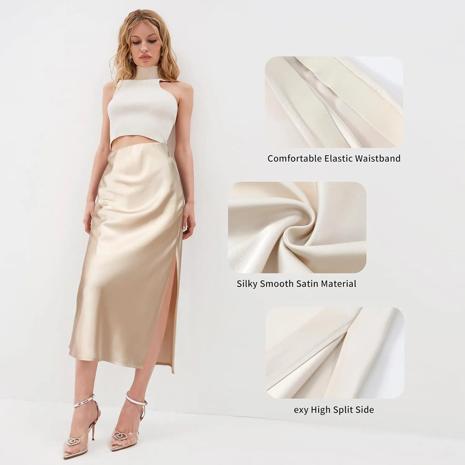 BOMAROLAN Women's Satin Midi Skirt High Waist Solid Silky Skirts for Women Elasticized Waistband A-Line Slit Midi Skirts