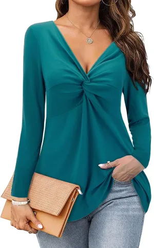 Bulotus Women's Twist Front V Neck Blouses Long Sleeve Dressy Casual Tunic Tops