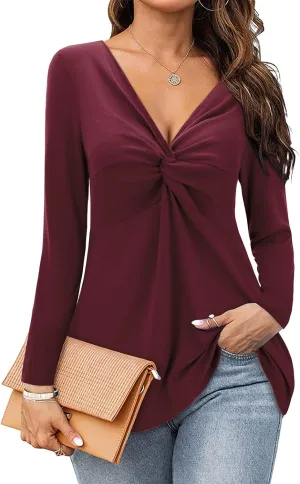 Bulotus Women's Twist Front V Neck Blouses Long Sleeve Dressy Casual Tunic Tops