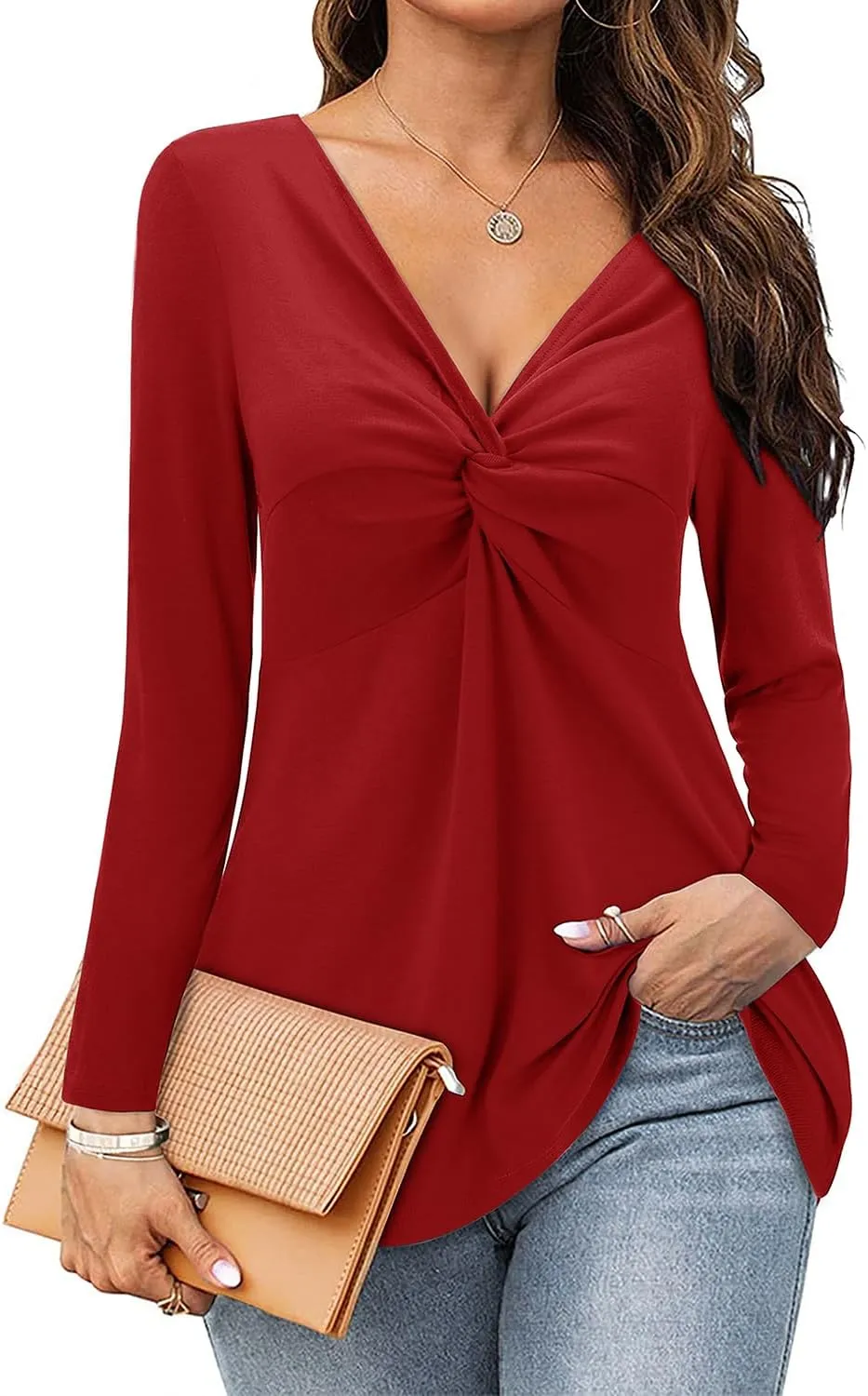 Bulotus Women's Twist Front V Neck Blouses Long Sleeve Dressy Casual Tunic Tops