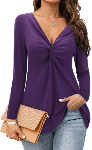 Bulotus Women's Twist Front V Neck Blouses Long Sleeve Dressy Casual Tunic Tops