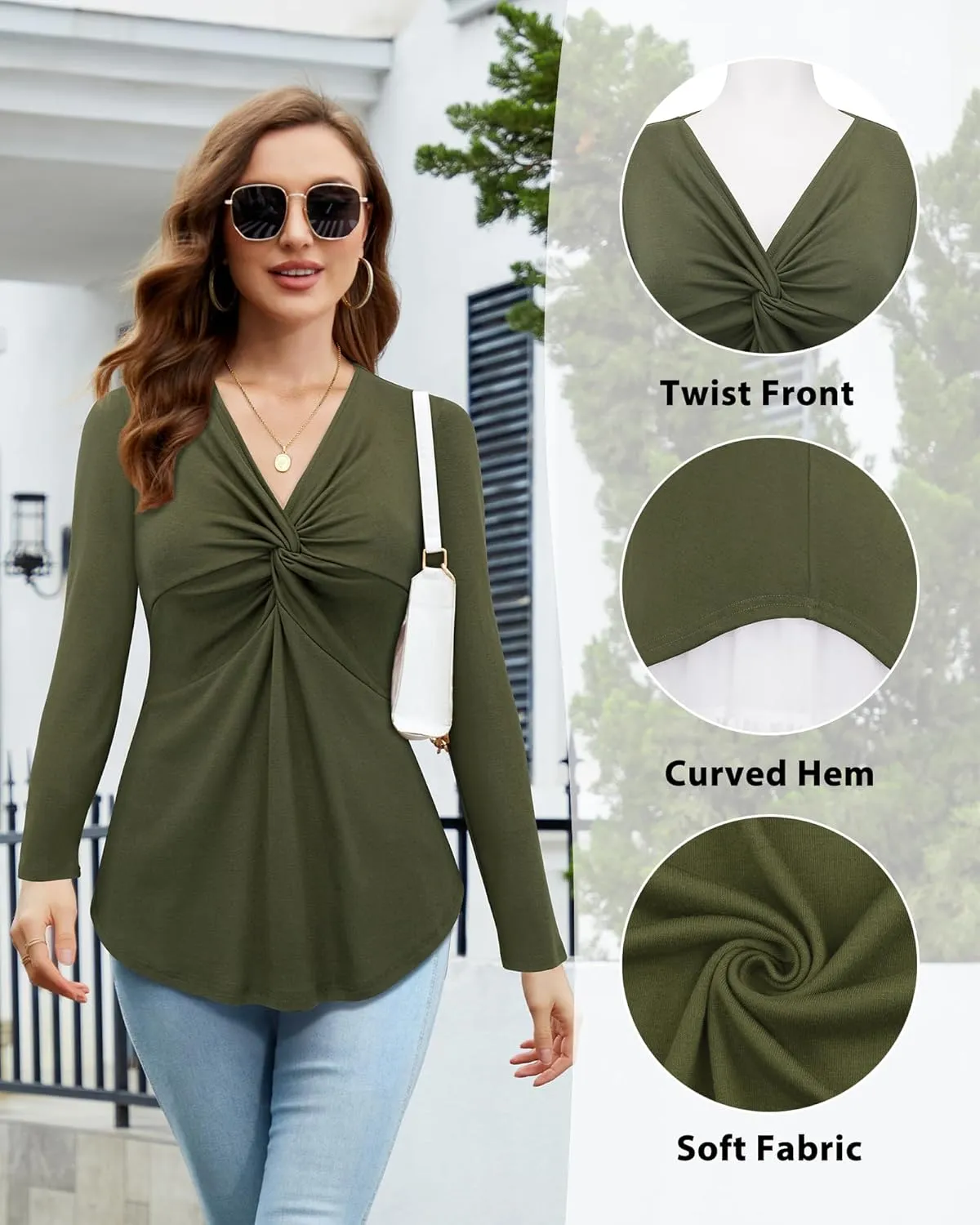 Bulotus Women's Twist Front V Neck Blouses Long Sleeve Dressy Casual Tunic Tops