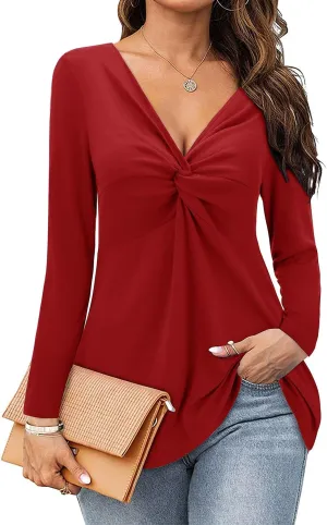 Bulotus Women's Twist Front V Neck Blouses Long Sleeve Dressy Casual Tunic Tops