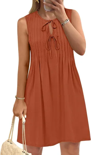 Caracilia Dresses for Women Summer Casual Sleeveless Self Tie Front Pleated Mini Sundress Swing Beach Vacation Dress 2025