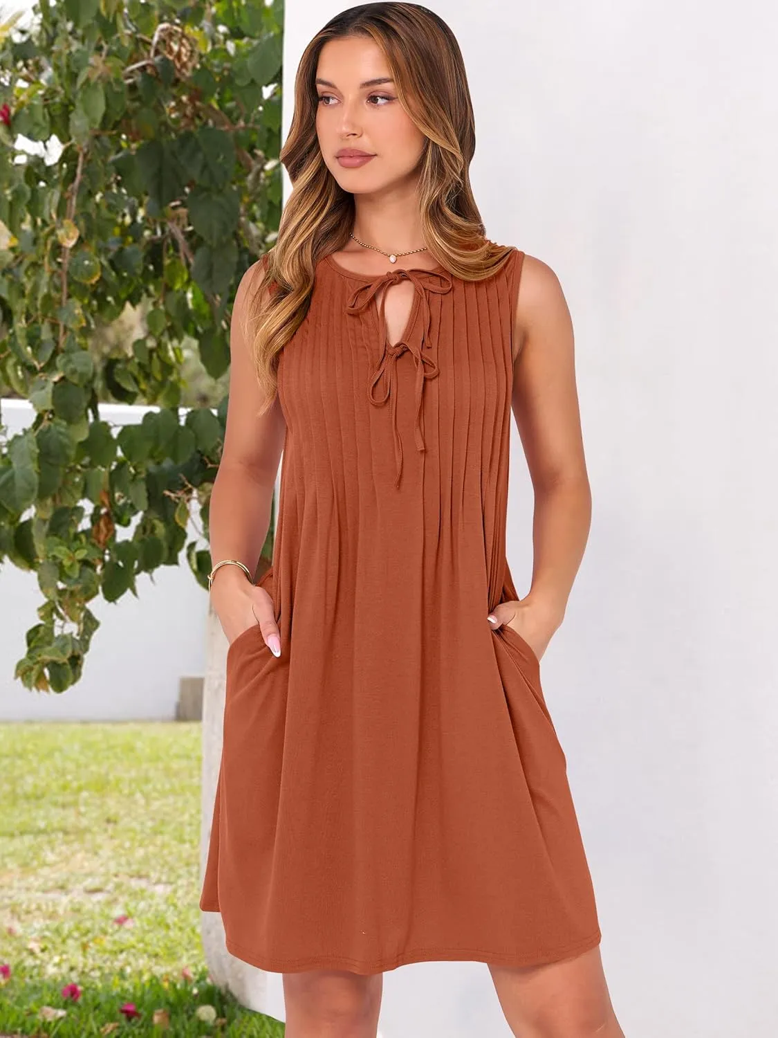 Caracilia Dresses for Women Summer Casual Sleeveless Self Tie Front Pleated Mini Sundress Swing Beach Vacation Dress 2025
