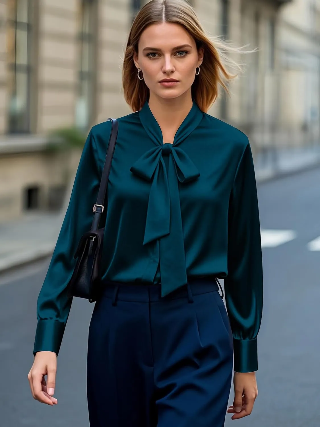 CBOO Women's Bow Tie Neck Button Down Shirts Silk Blouses Long Sleeve Elegant Satin Blouse Casual Dressy Business Tops