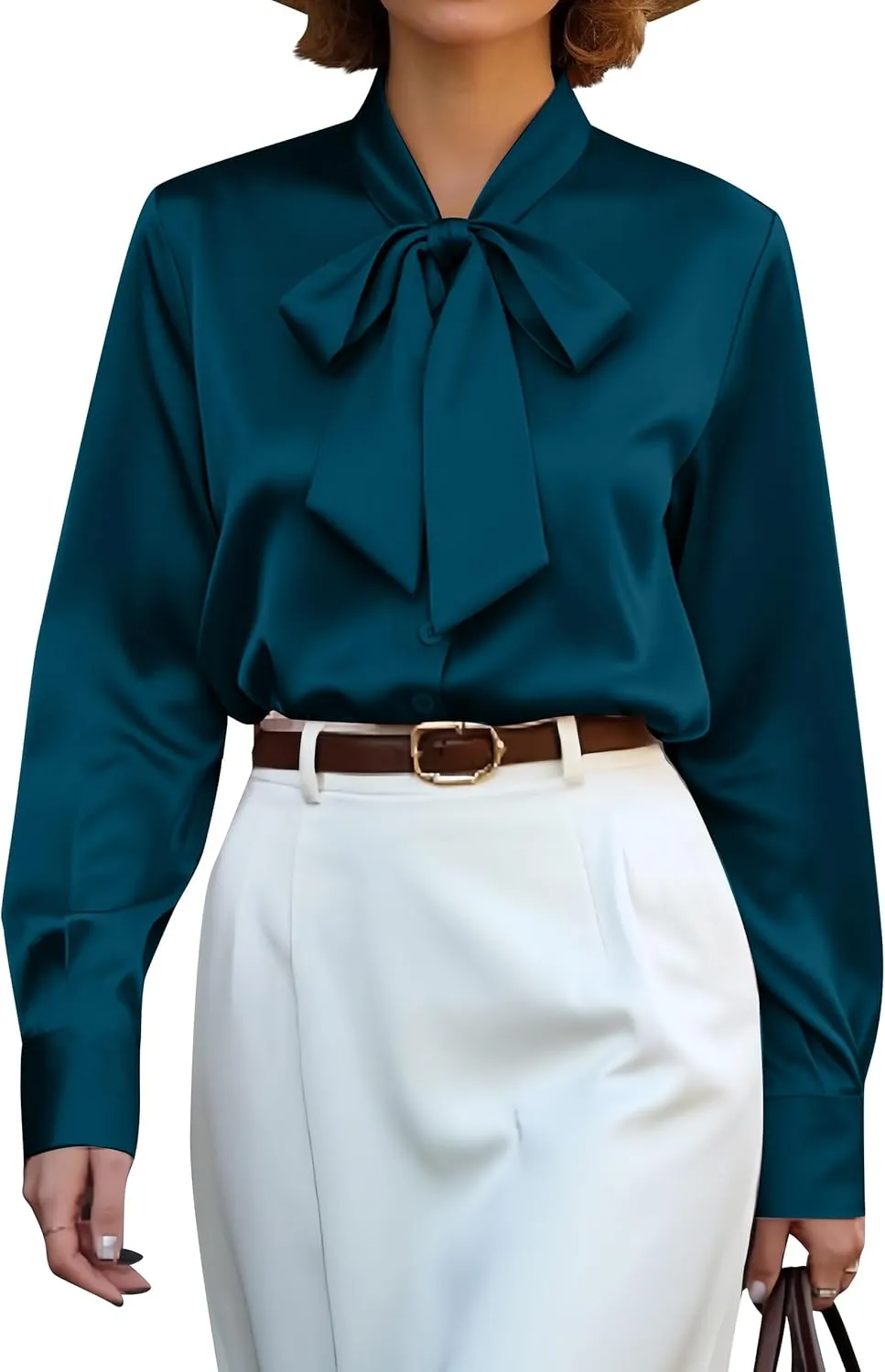 CBOO Women's Bow Tie Neck Button Down Shirts Silk Blouses Long Sleeve Elegant Satin Blouse Casual Dressy Business Tops