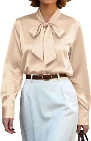 CBOO Women's Bow Tie Neck Button Down Shirts Silk Blouses Long Sleeve Elegant Satin Blouse Casual Dressy Business Tops