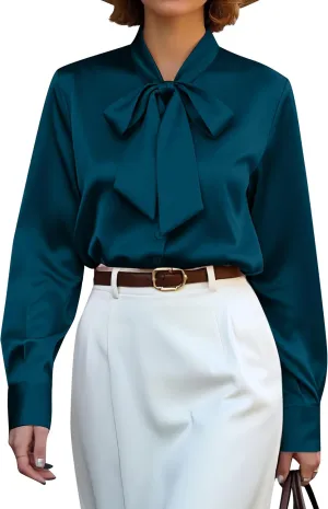 CBOO Women's Bow Tie Neck Button Down Shirts Silk Blouses Long Sleeve Elegant Satin Blouse Casual Dressy Business Tops