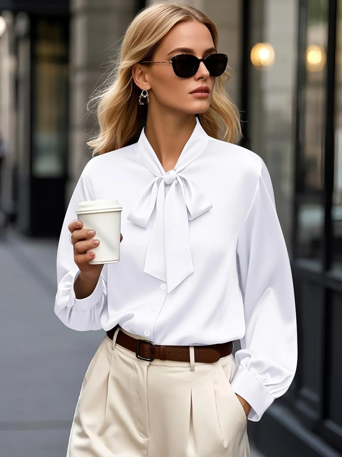 CBOO Women's Bow Tie Neck Button Down Shirts Silk Blouses Long Sleeve Elegant Satin Blouse Casual Dressy Business Tops