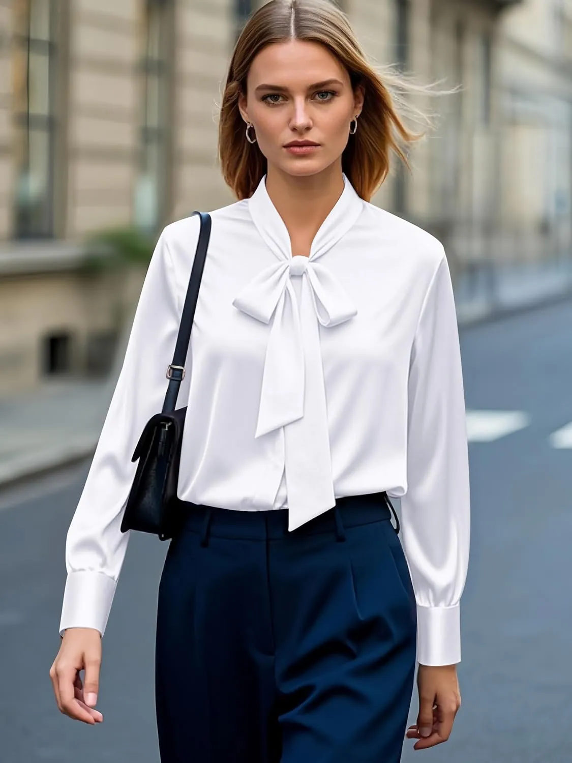 CBOO Women's Bow Tie Neck Button Down Shirts Silk Blouses Long Sleeve Elegant Satin Blouse Casual Dressy Business Tops