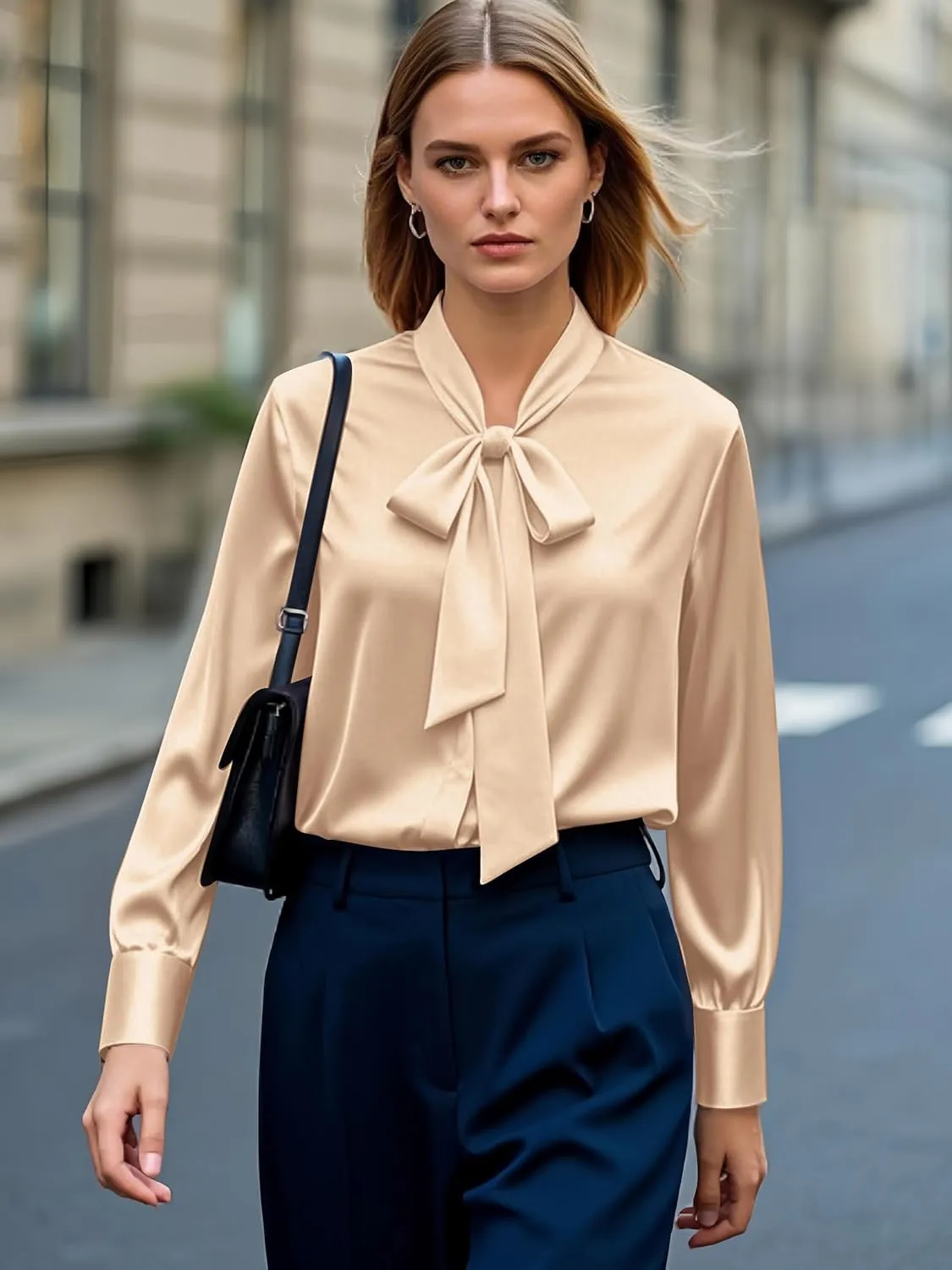 CBOO Women's Bow Tie Neck Button Down Shirts Silk Blouses Long Sleeve Elegant Satin Blouse Casual Dressy Business Tops