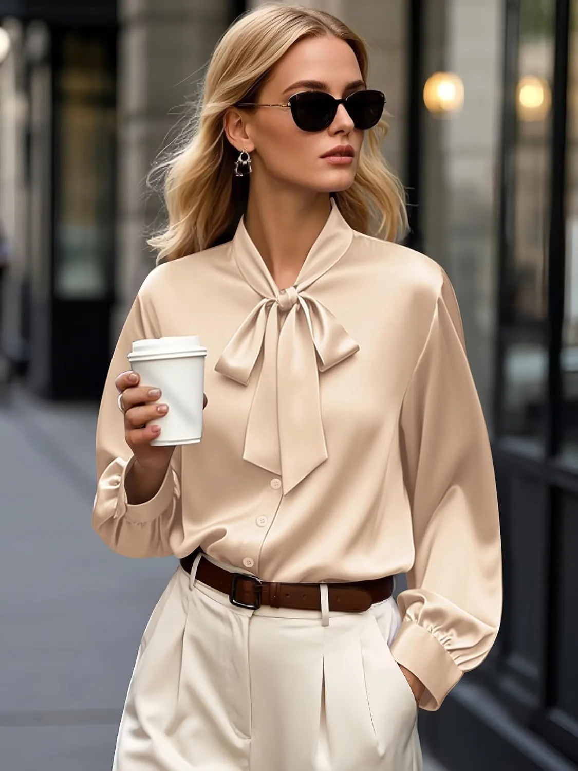 CBOO Women's Bow Tie Neck Button Down Shirts Silk Blouses Long Sleeve Elegant Satin Blouse Casual Dressy Business Tops
