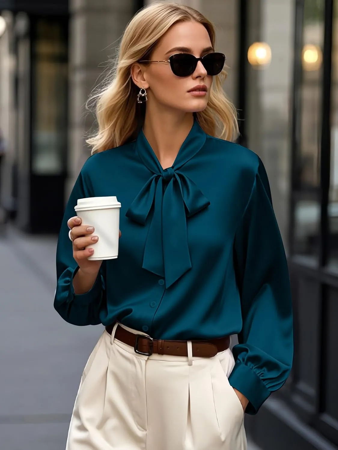 CBOO Women's Bow Tie Neck Button Down Shirts Silk Blouses Long Sleeve Elegant Satin Blouse Casual Dressy Business Tops