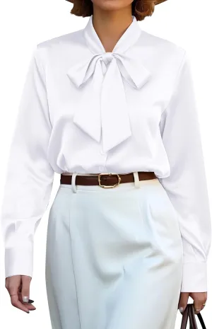 CBOO Women's Bow Tie Neck Button Down Shirts Silk Blouses Long Sleeve Elegant Satin Blouse Casual Dressy Business Tops