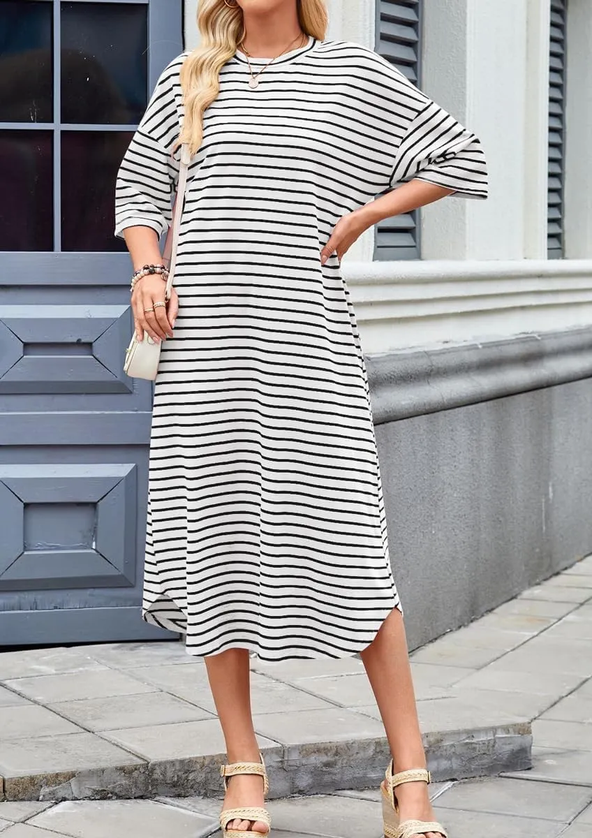 chouyatou Women's Contrast Color Striped T-Shirt Dress Casual Loose Short Sleeve Midi Long Beach Dress