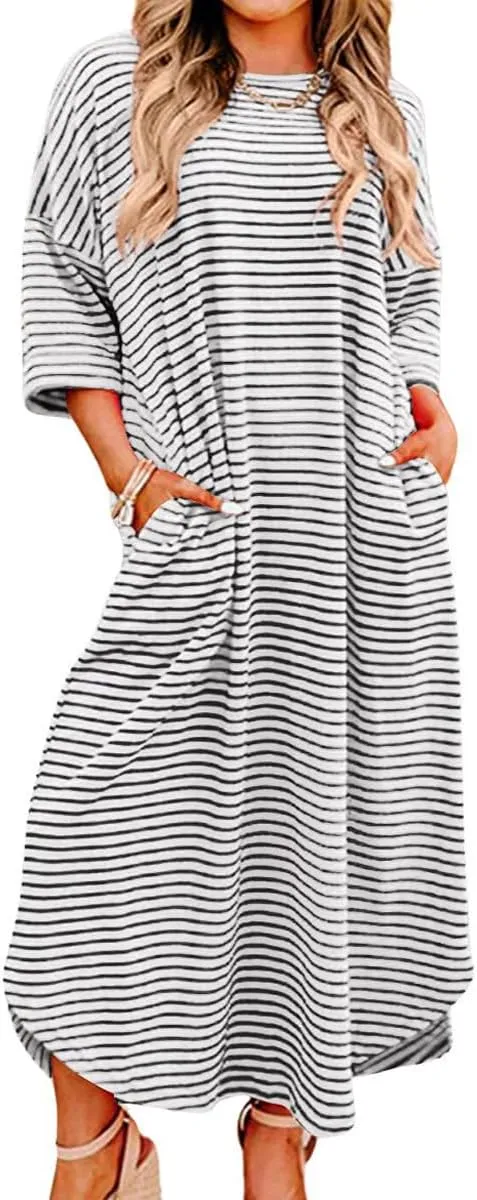 chouyatou Women's Contrast Color Striped T-Shirt Dress Casual Loose Short Sleeve Midi Long Beach Dress