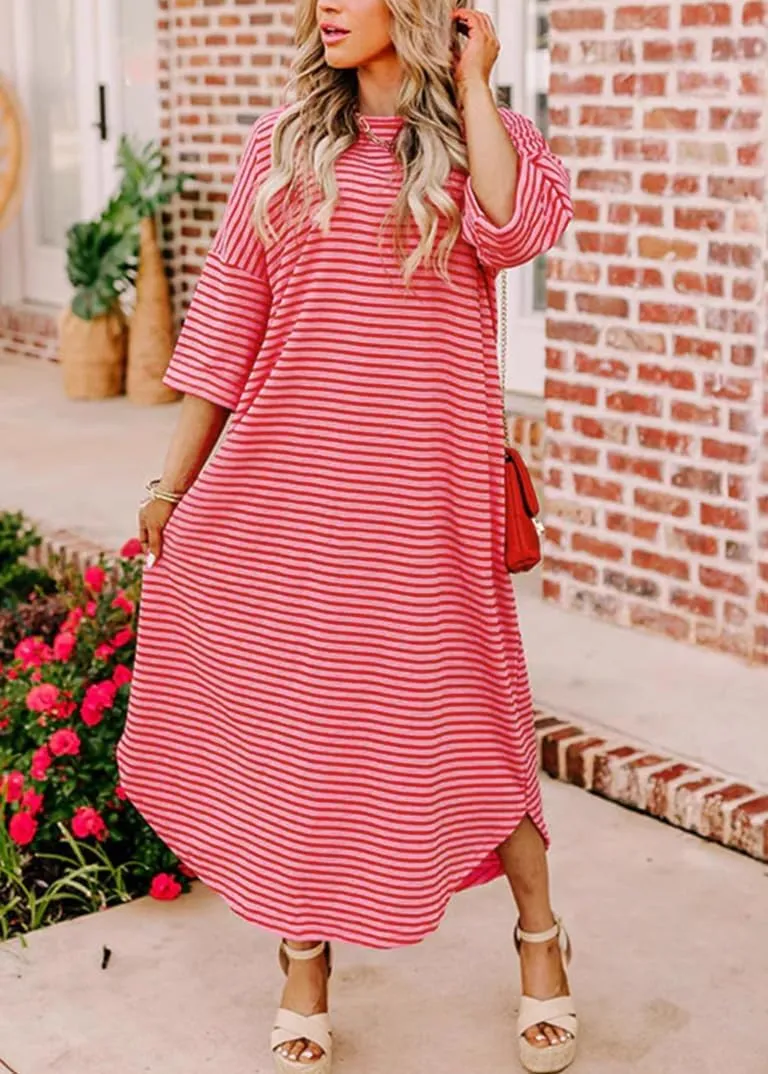 chouyatou Women's Contrast Color Striped T-Shirt Dress Casual Loose Short Sleeve Midi Long Beach Dress