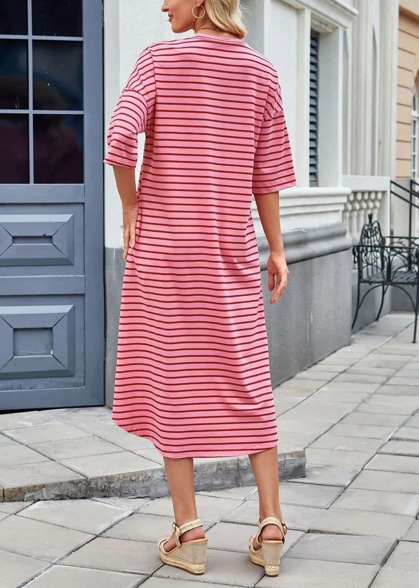 chouyatou Women's Contrast Color Striped T-Shirt Dress Casual Loose Short Sleeve Midi Long Beach Dress