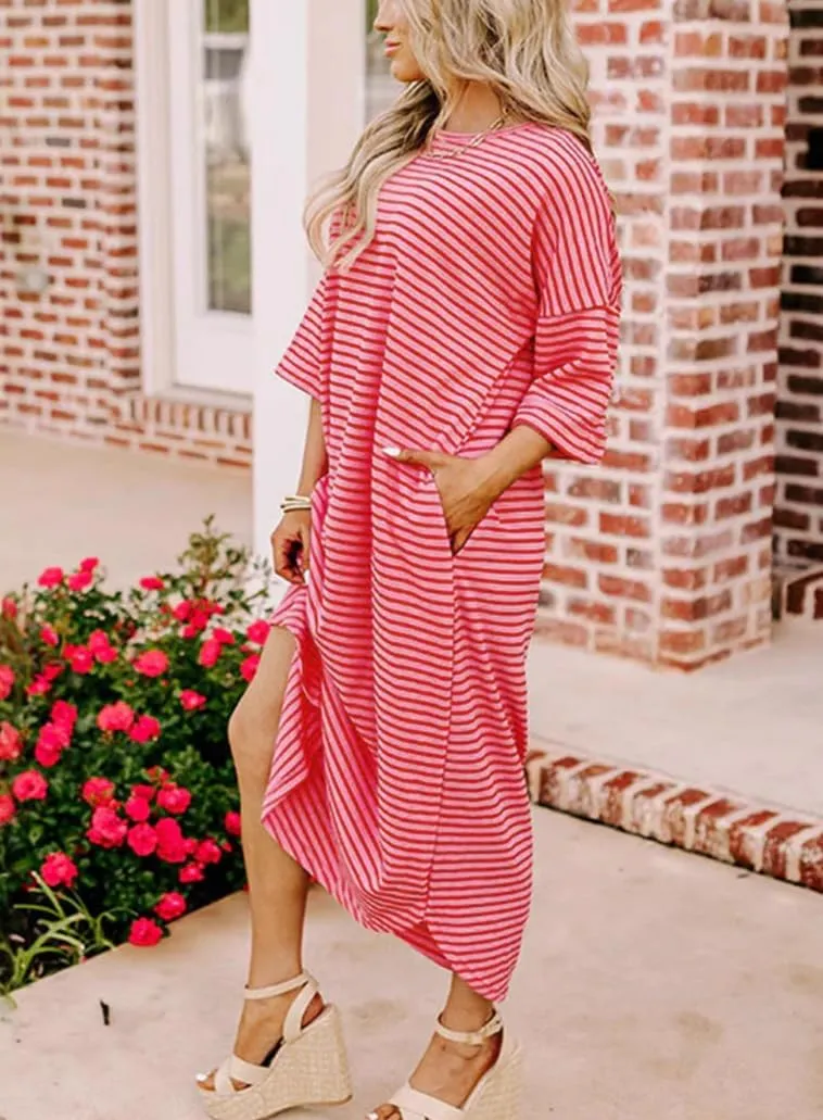 chouyatou Women's Contrast Color Striped T-Shirt Dress Casual Loose Short Sleeve Midi Long Beach Dress