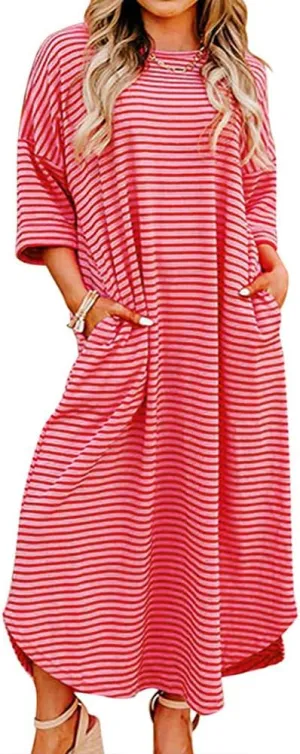 chouyatou Women's Contrast Color Striped T-Shirt Dress Casual Loose Short Sleeve Midi Long Beach Dress