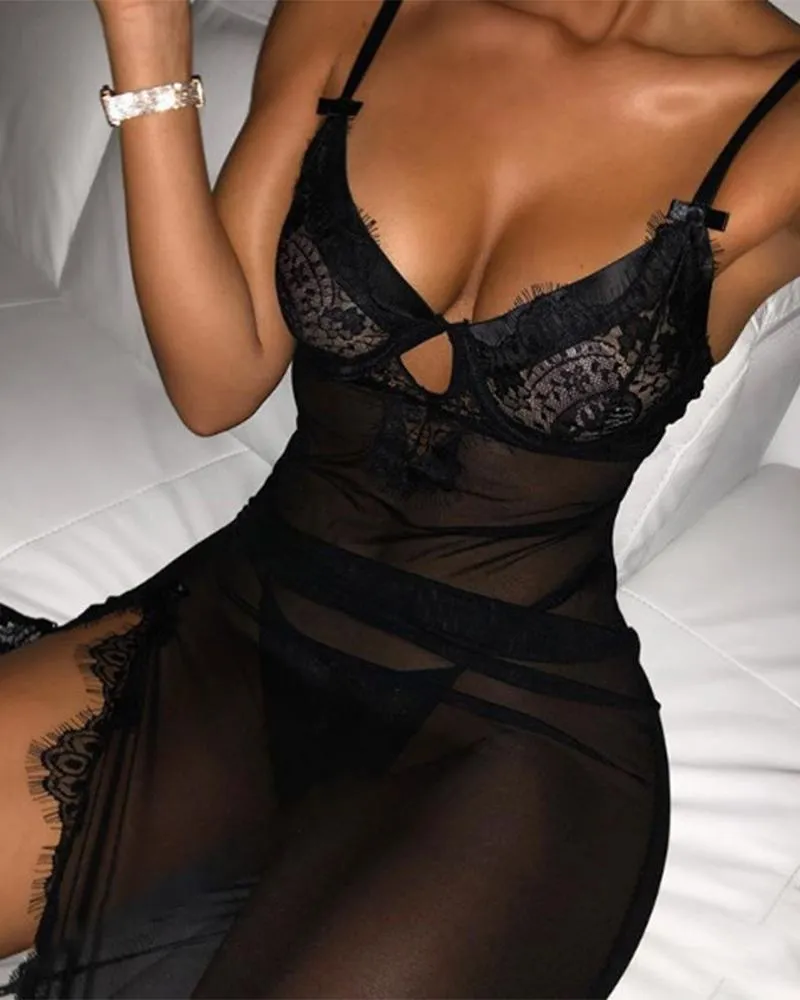 Contrast Lace Split Thigh Babydoll Slips With Thong