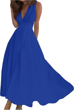 Dresses for Women 2024 Wrap V Neck Floral Print Sundresses Flowy Ruched Sleeveless Maxi Dress Elegant Boho Dress
