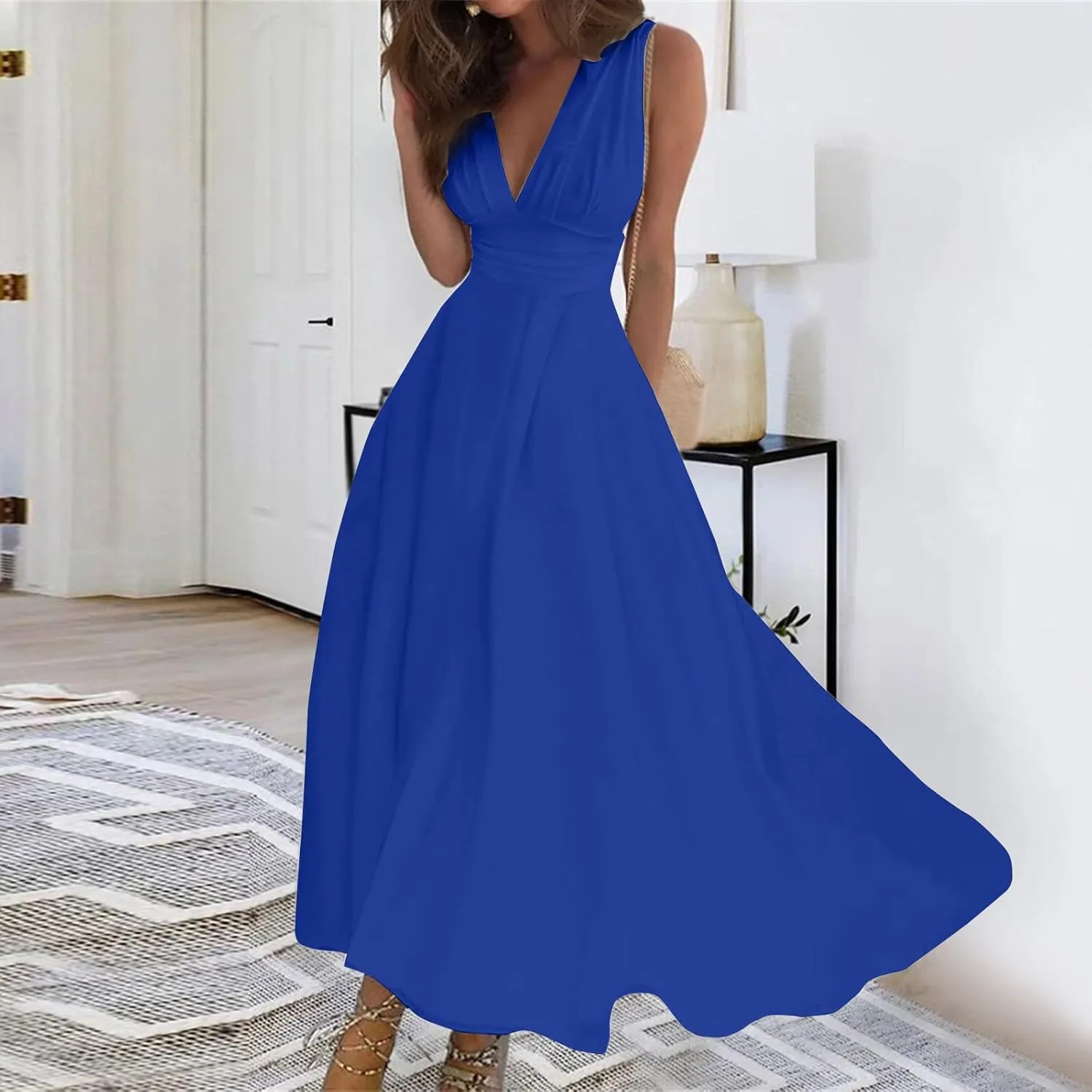 Dresses for Women 2024 Wrap V Neck Floral Print Sundresses Flowy Ruched Sleeveless Maxi Dress Elegant Boho Dress