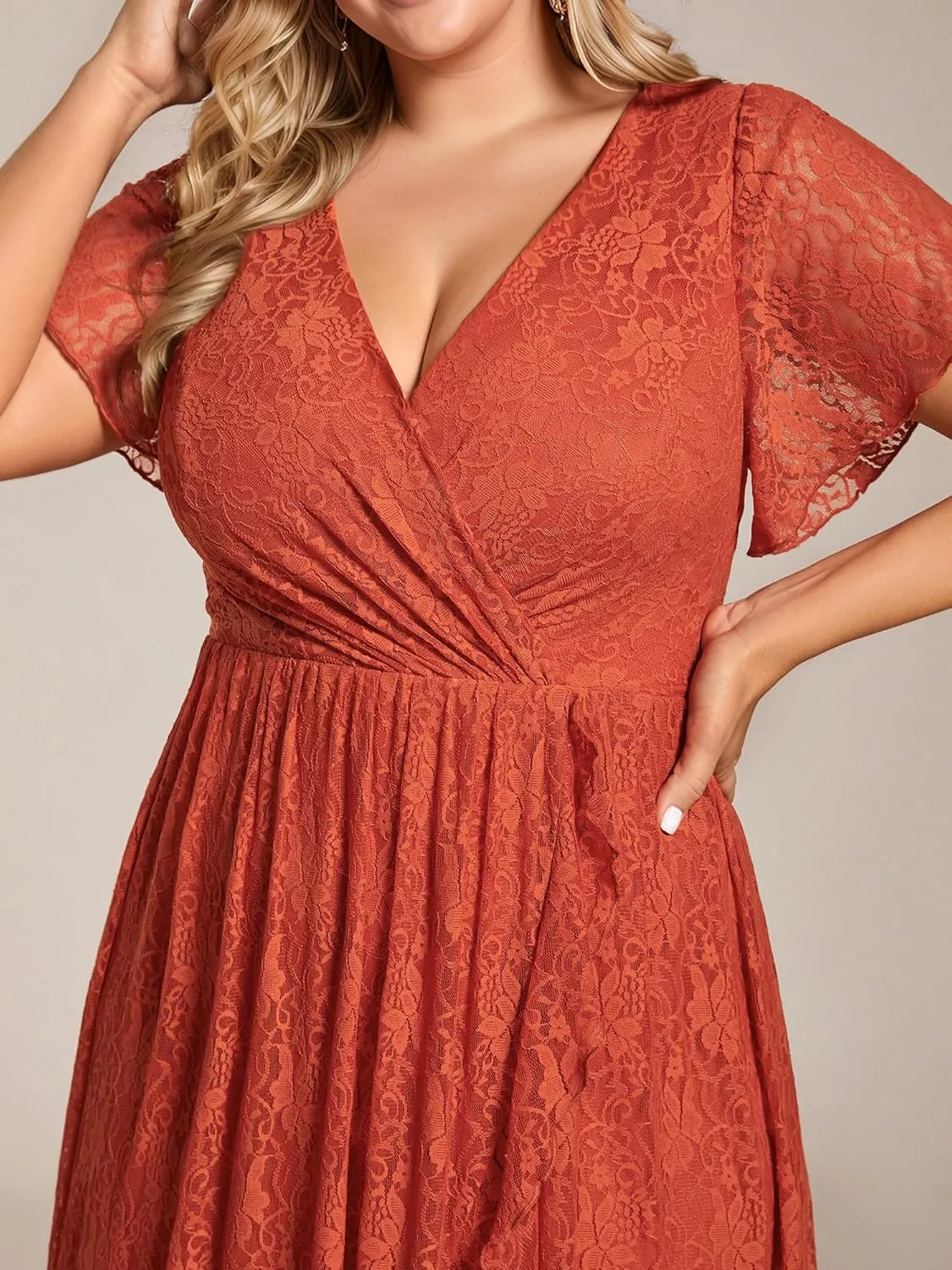 Ever-Pretty Women's V Neck Ruffles Sleeves High Low Lace Plus Size Summer Cocktail Party Wedding Guest Dresses 01489-DAPH