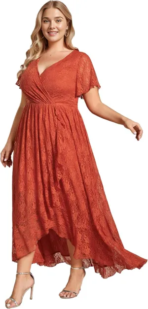 Ever-Pretty Women's V Neck Ruffles Sleeves High Low Lace Plus Size Summer Cocktail Party Wedding Guest Dresses 01489-DAPH