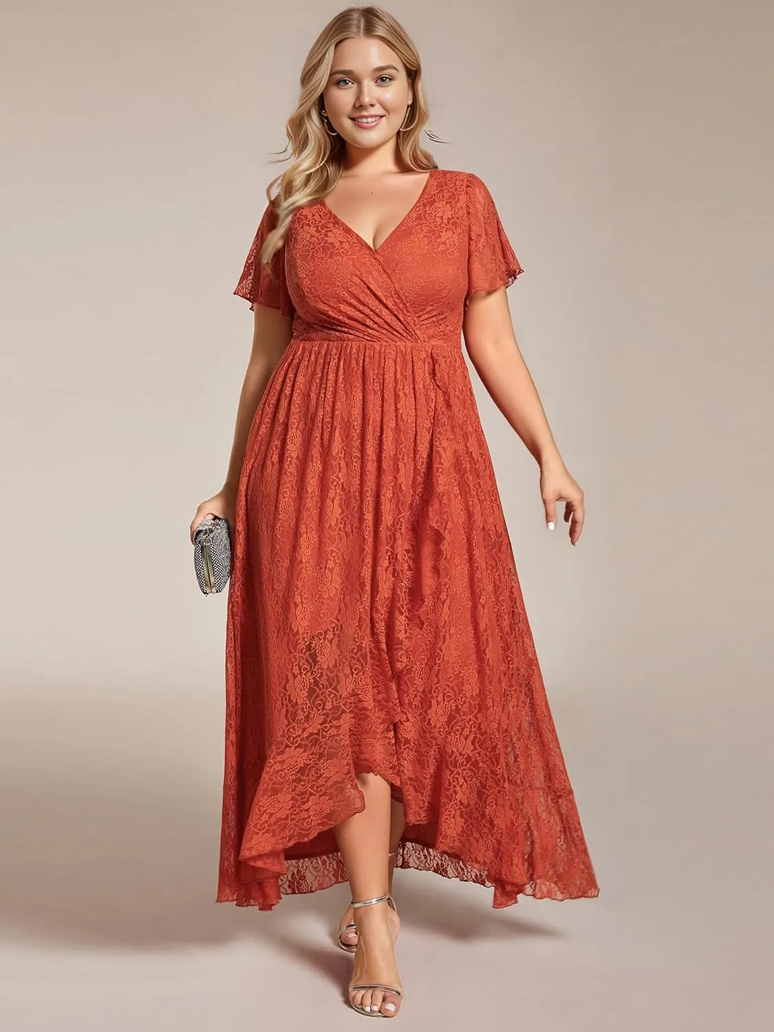Ever-Pretty Women's V Neck Ruffles Sleeves High Low Lace Plus Size Summer Cocktail Party Wedding Guest Dresses 01489-DAPH